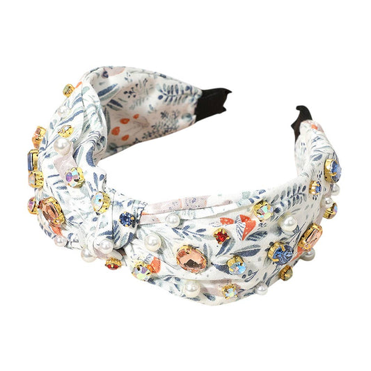 Stone Cluster Pearl Embellished Flower Printed Knot Headband