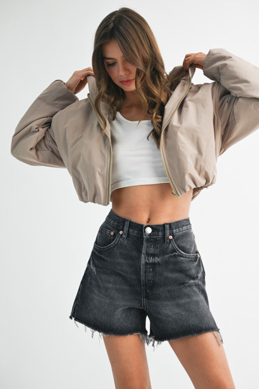 Cropped Hooded Zip-Up Puffer Jacket