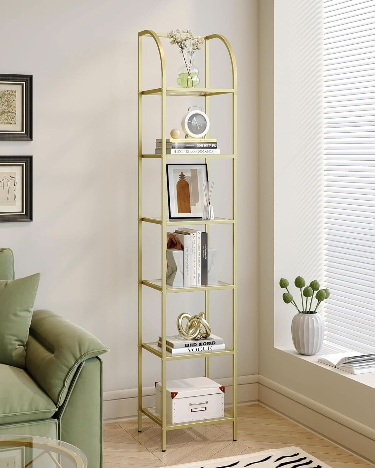 6 Tier Gold Tempered Glass Bookshelf
