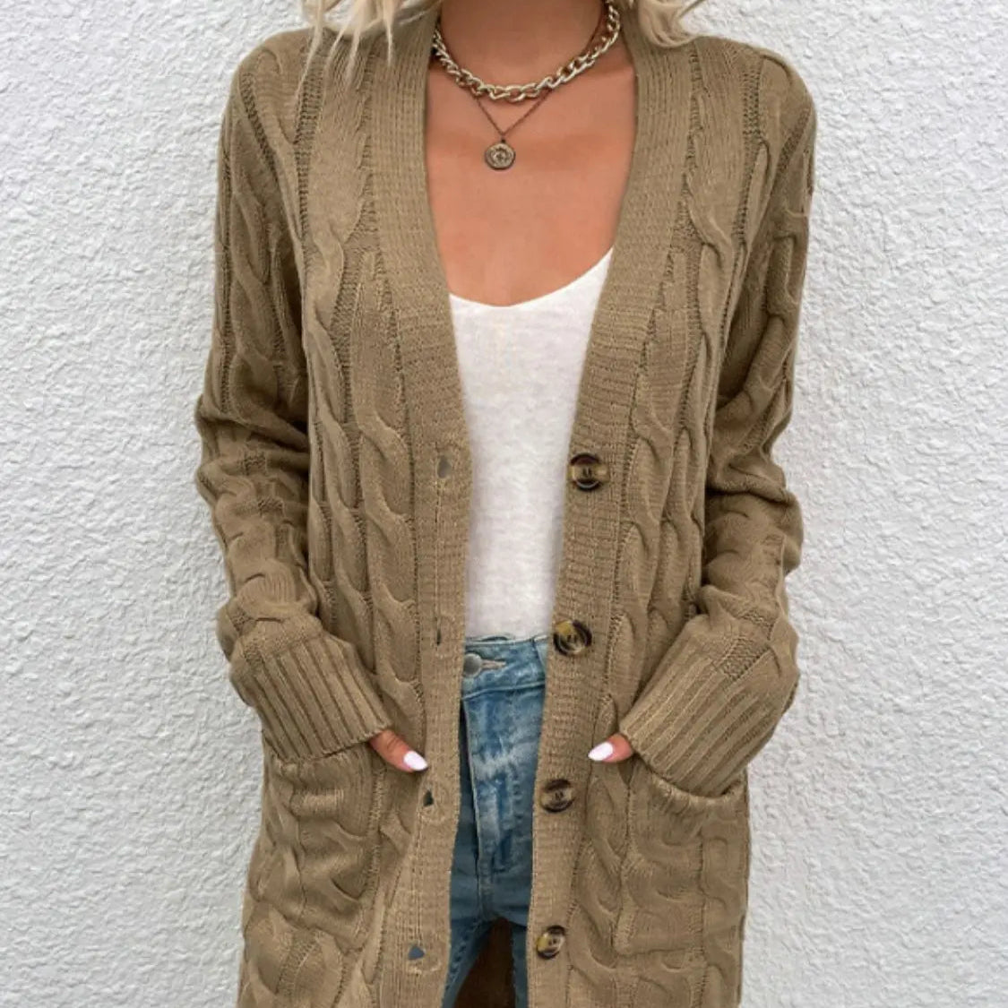 Cable-Knit Button Down Cardigan with Pockets