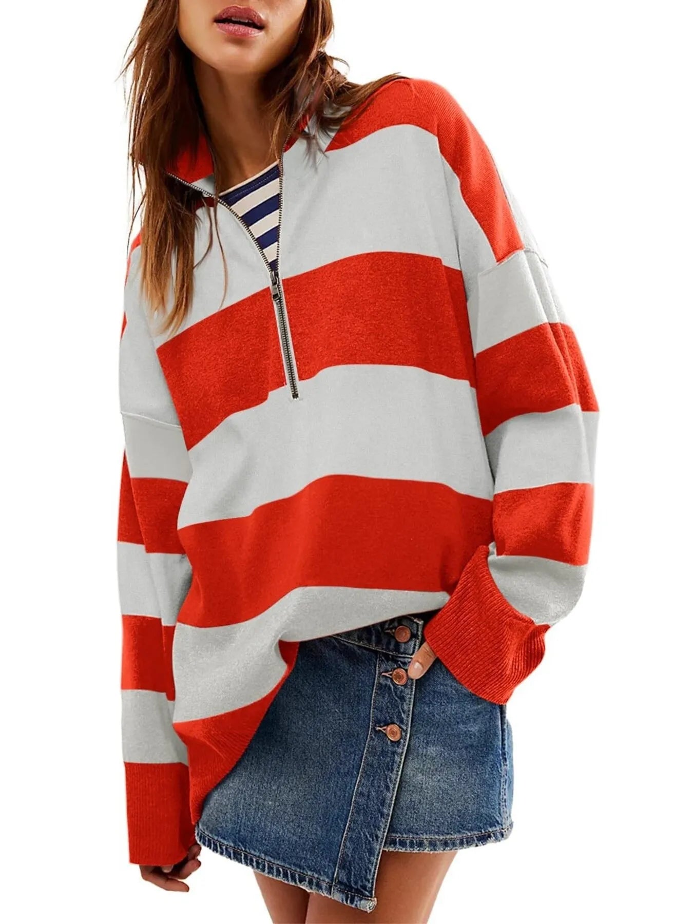 Striped Half-Zip Oversized Rugby Sweatshirt