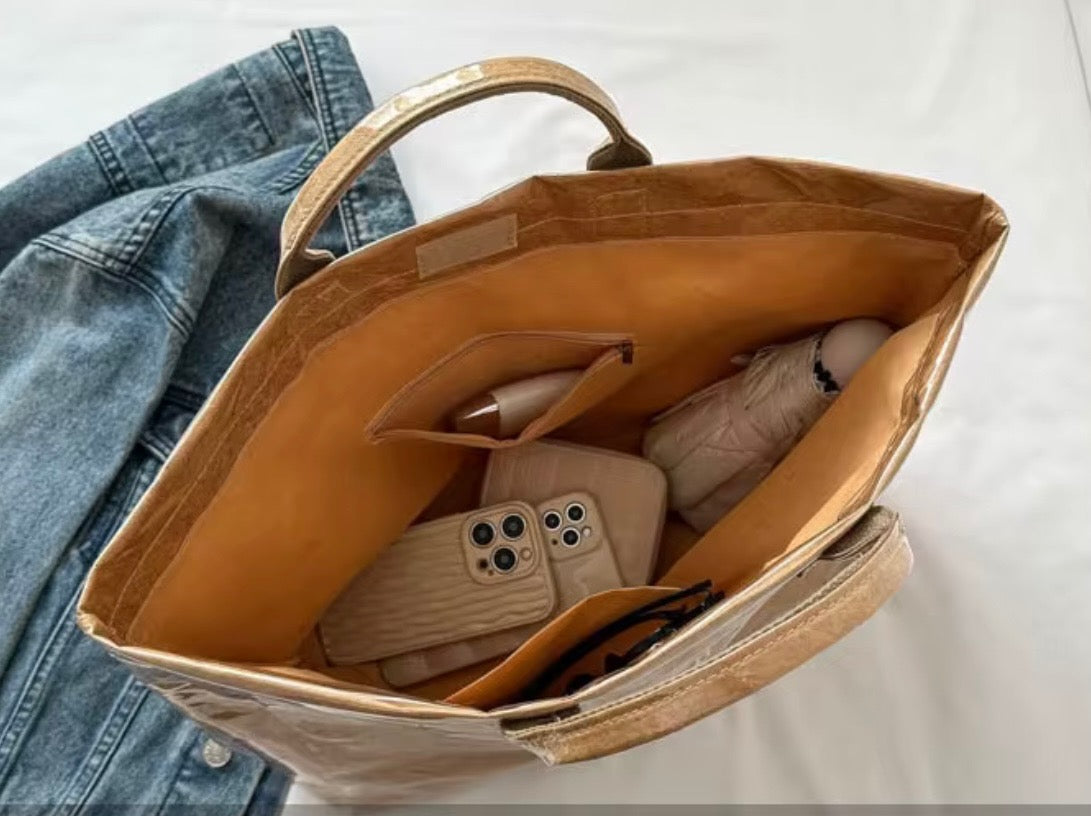 Waterproof Pink and Beige Striped Tote Bag