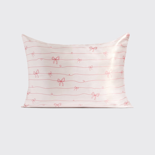 Holiday Satin Pillowcase in Striped Bows
