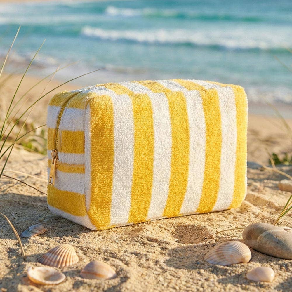 Striped Terry Cloth Cosmetic Pouch Bag in Blue
