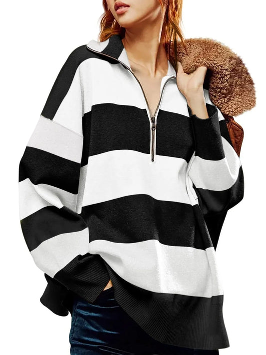 Striped Half-Zip Oversized Rugby Sweatshirt