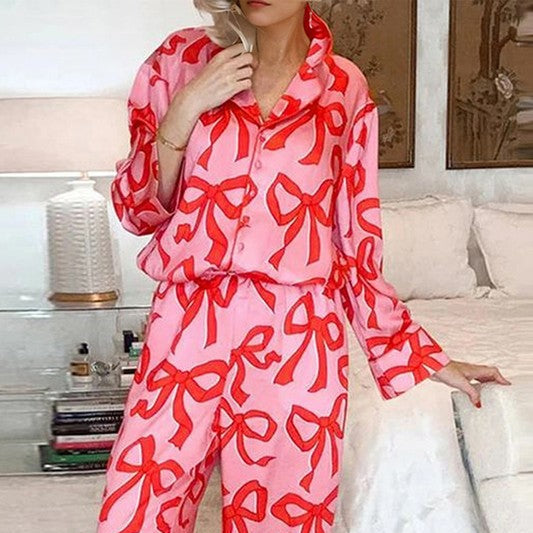 Bow Print Long Sleeve Pajama Set