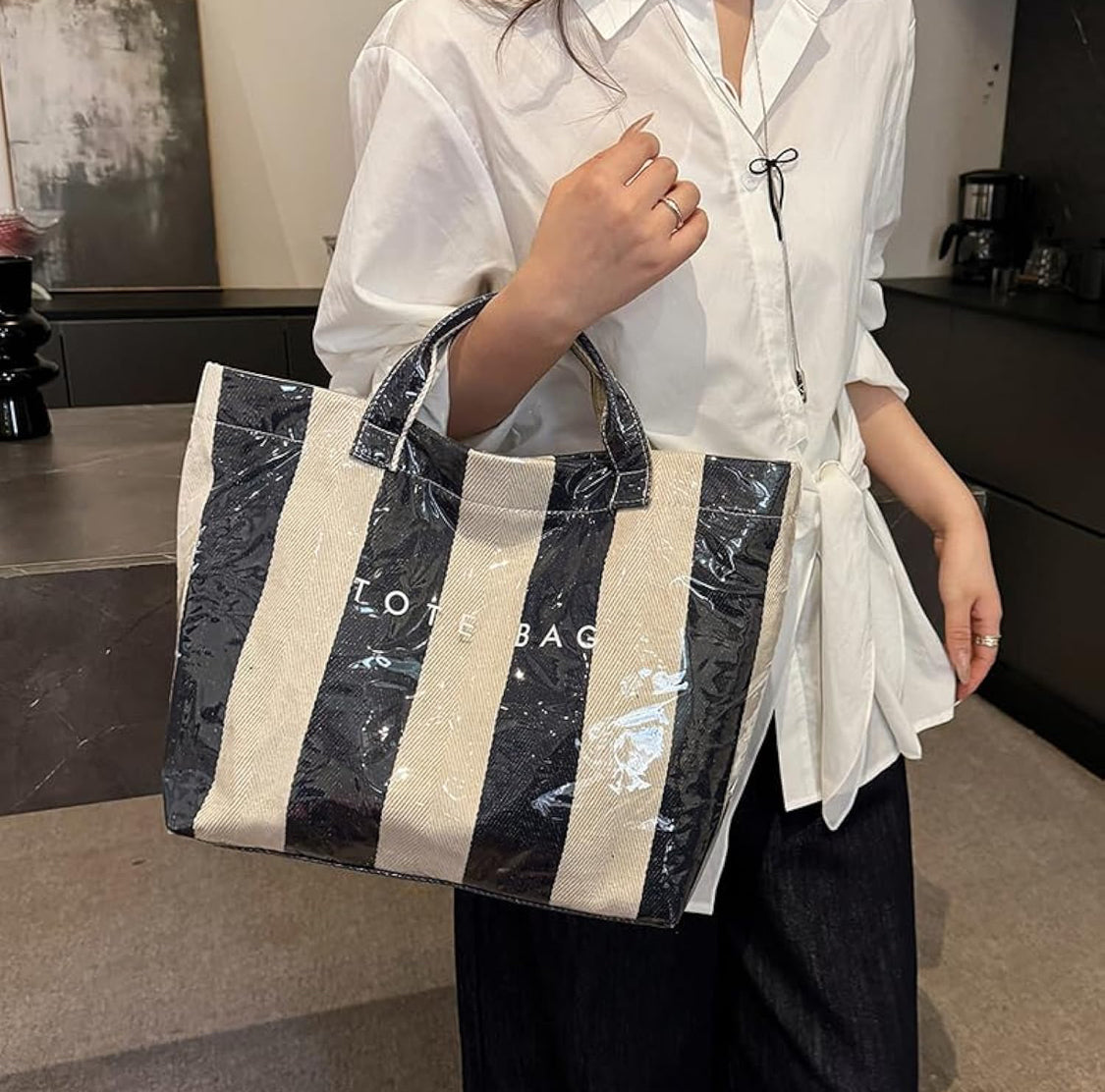 Waterproof Tote in Navy Stripe