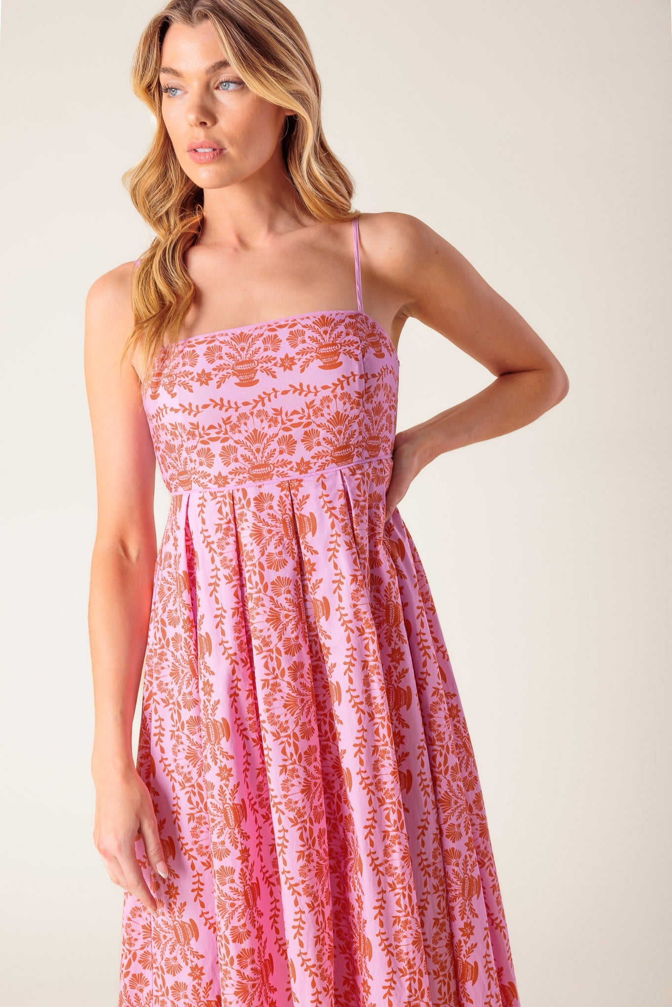 Evette Pink Woven Midi Dress