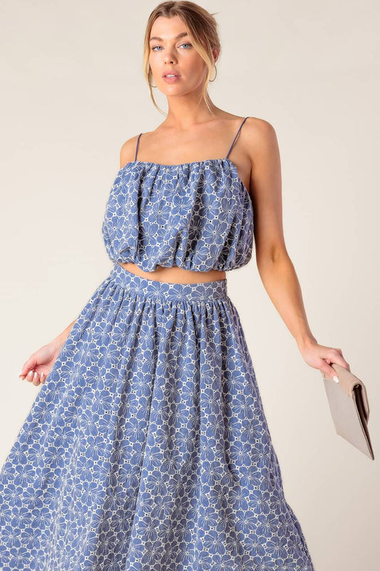 Ocean Blue Eyelet Woven Midi Skirt & Top Set