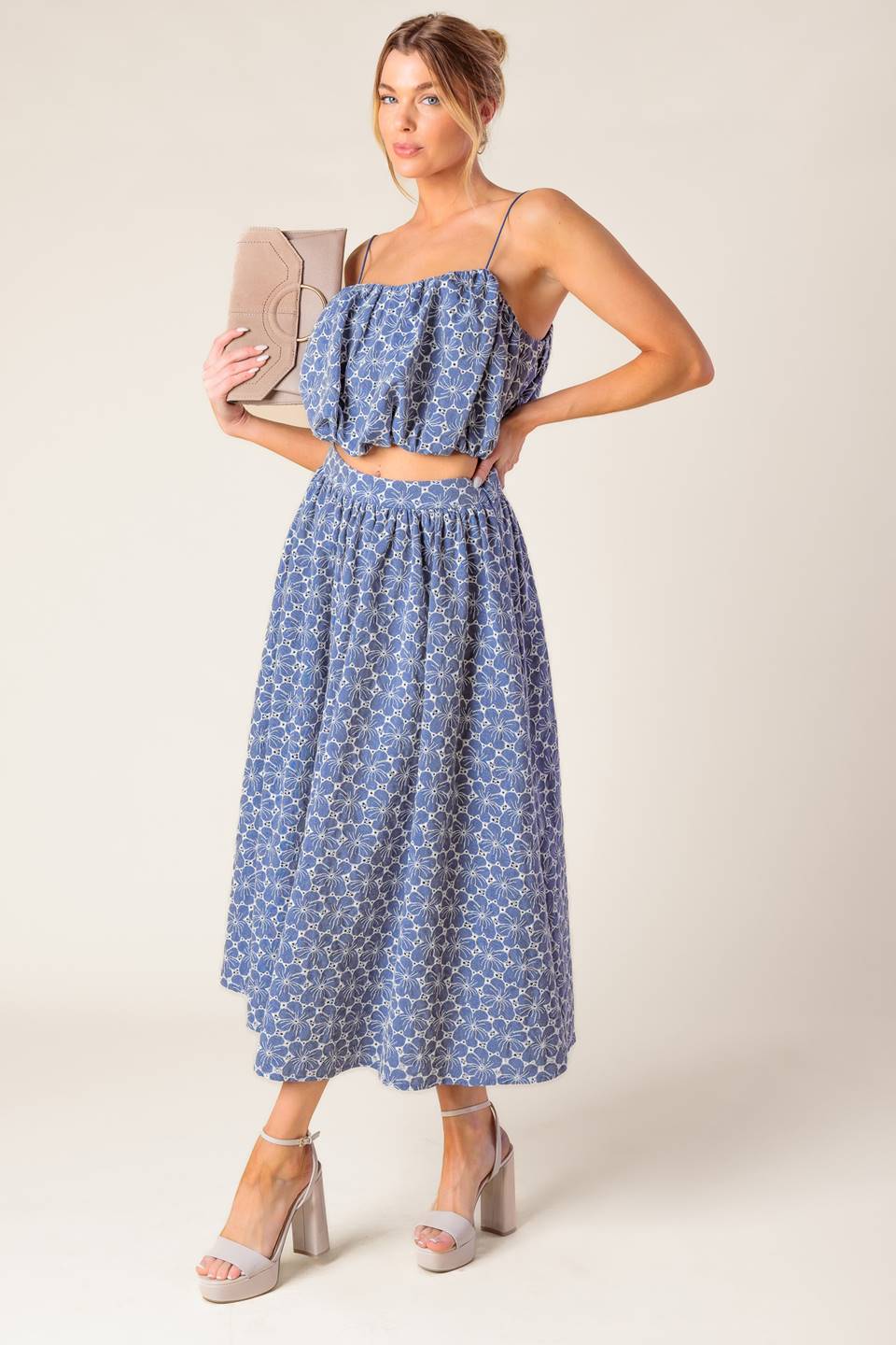 Ocean Blue Eyelet Woven Midi Skirt & Top Set