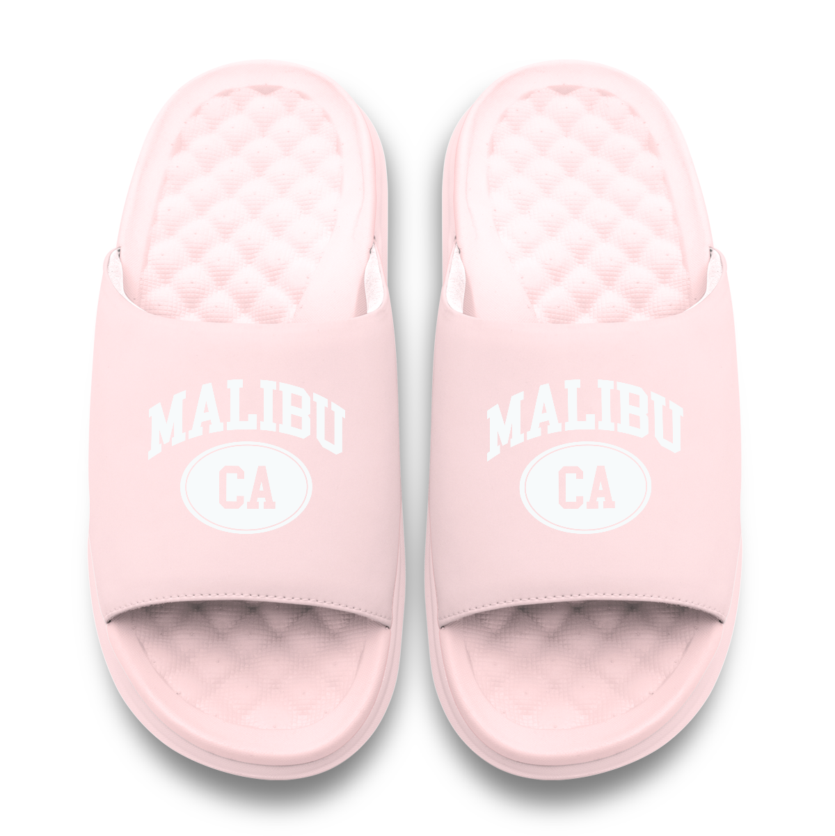 Pair of pink slides with 'Malibu CA' text on a white background