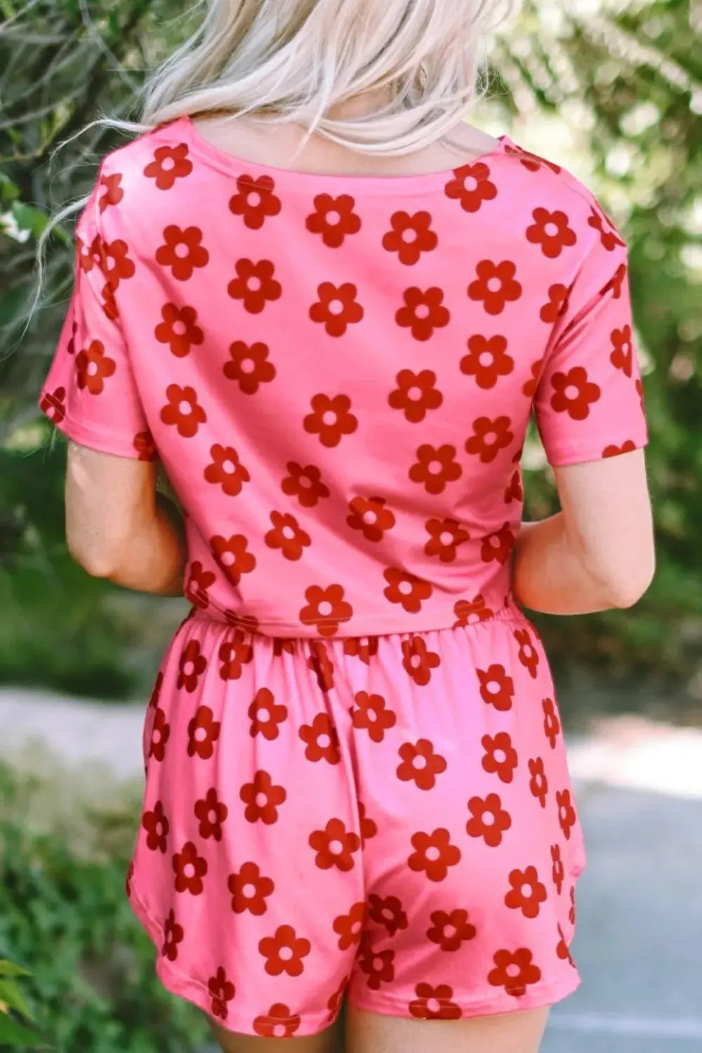 Pink & Red Floral Cropped Tee and Shorts Loungewear Set