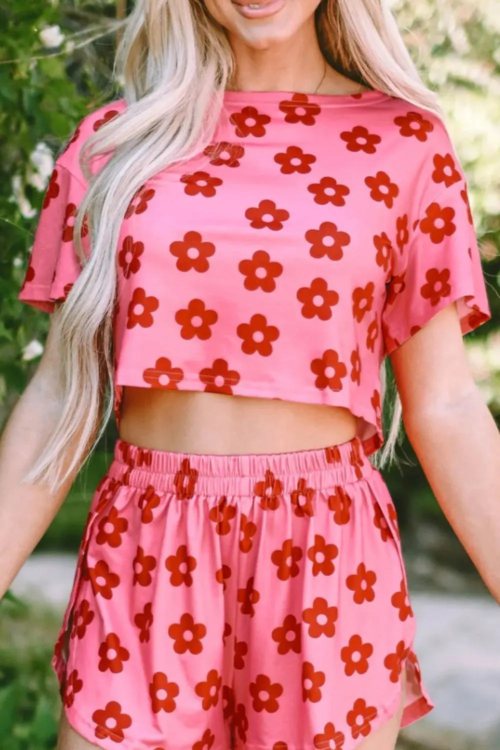 Pink & Red Floral Cropped Tee and Shorts Loungewear Set