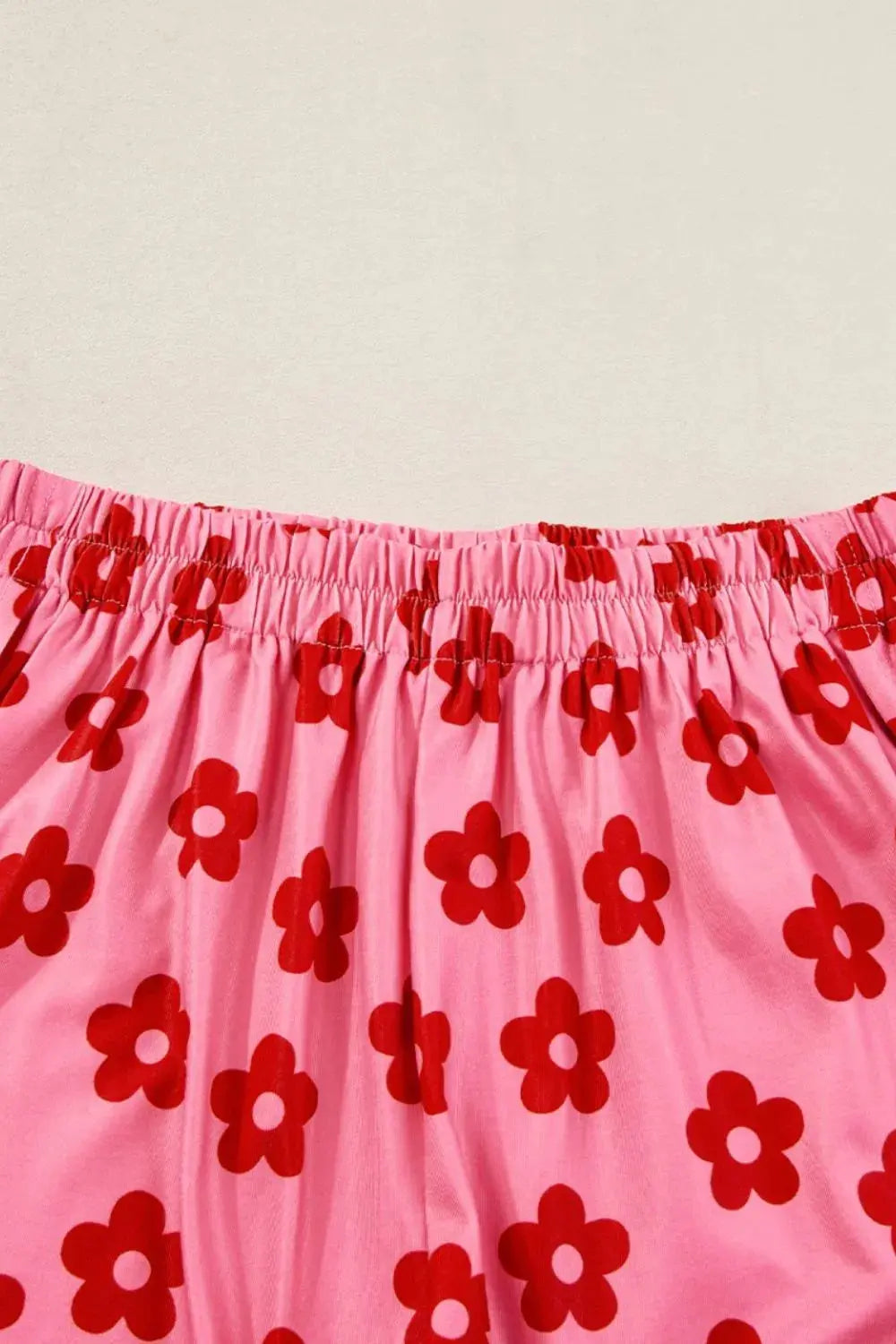 Pink & Red Floral Cropped Tee and Shorts Loungewear Set