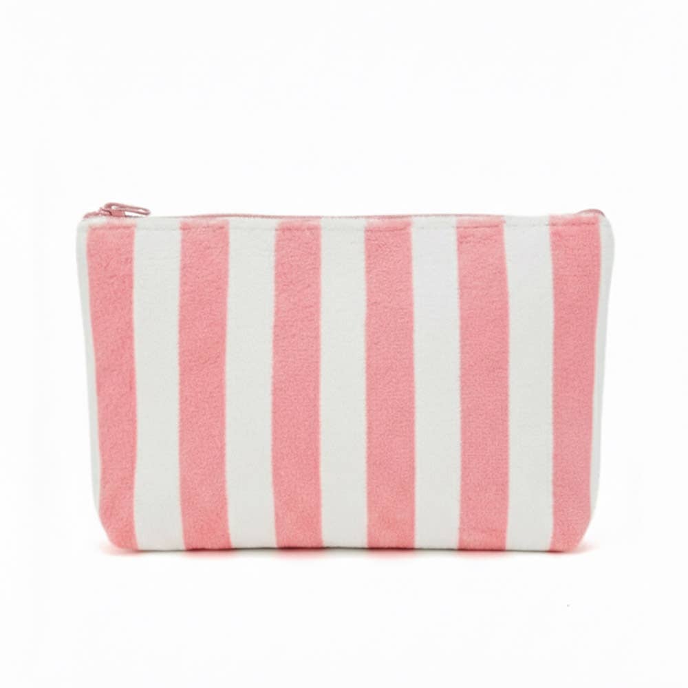 Striped Terry Cloth Cosmetic Pouch Bag in Pink