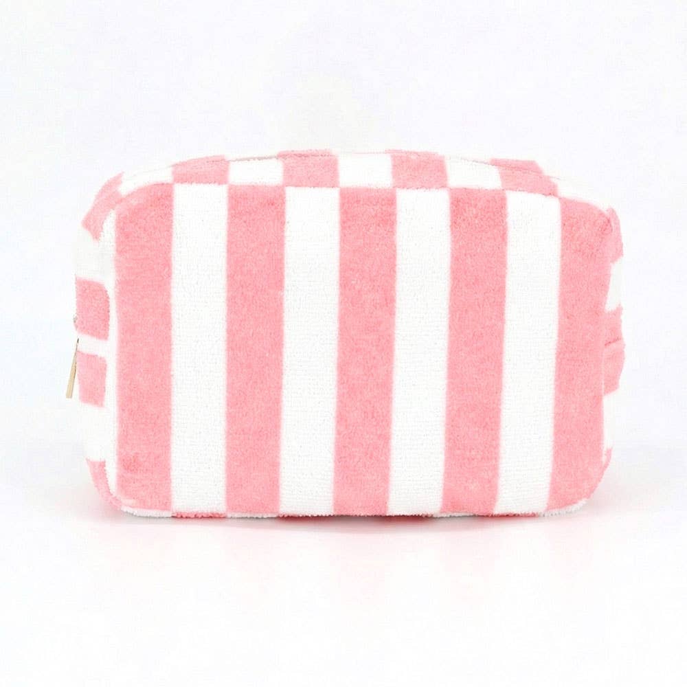 Striped Terry Cloth Cosmetic Pouch Bag in Pink