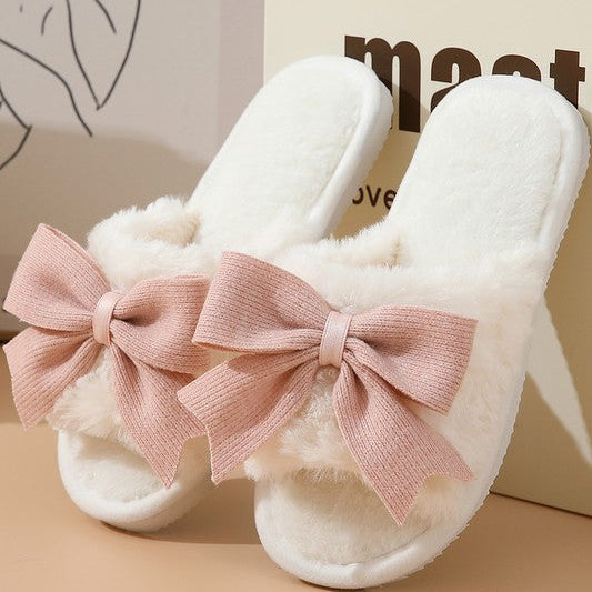 White Bow Knot Decor Open Toe Plush Slippers