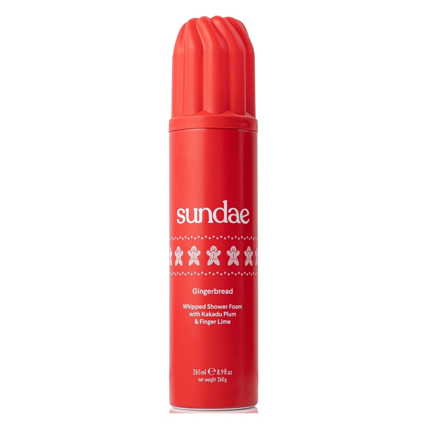 Red bottle of Sundae Gingerbread Whipped Shower Foam on a white background