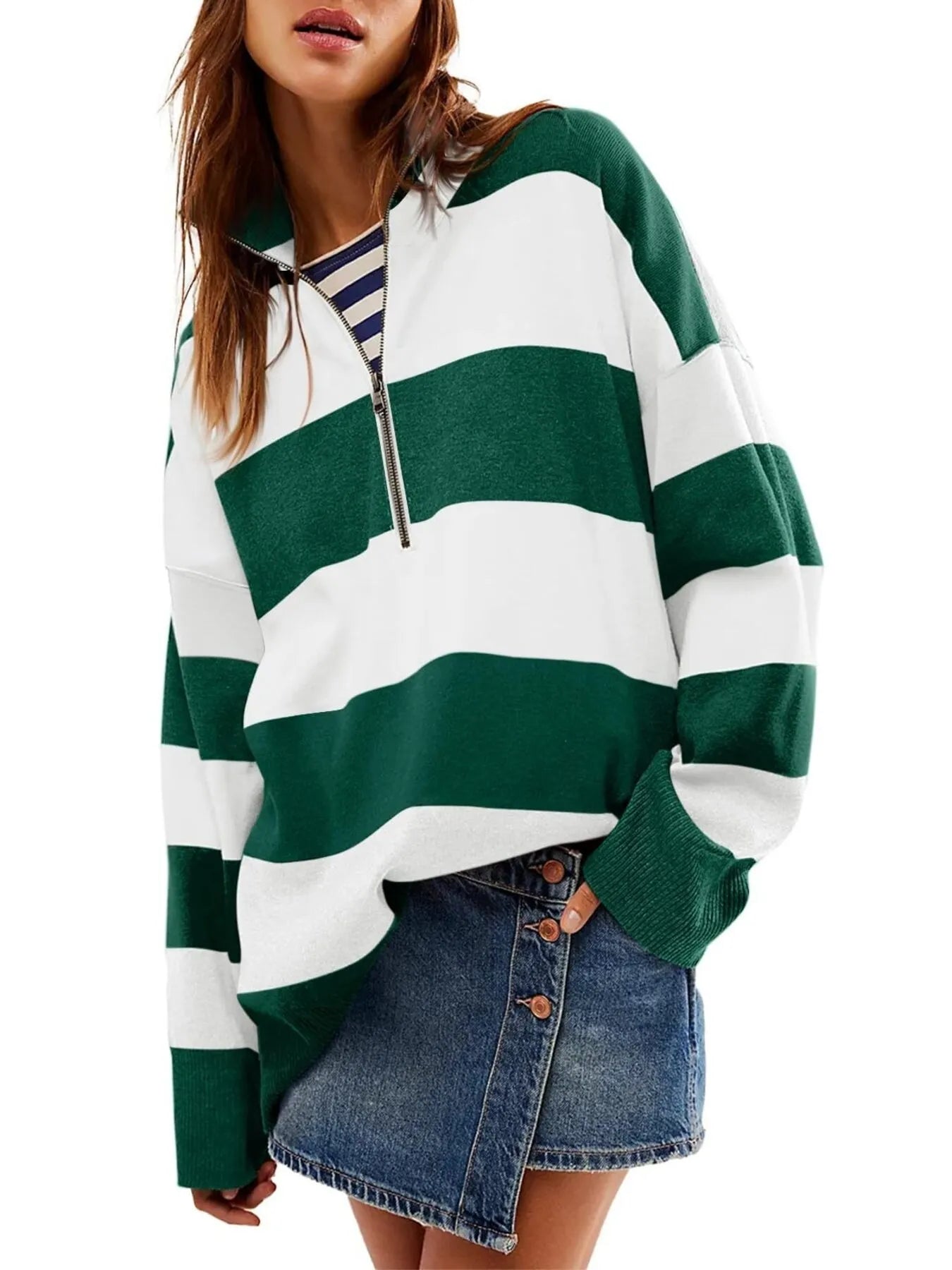 Striped Half-Zip Oversized Rugby Sweatshirt