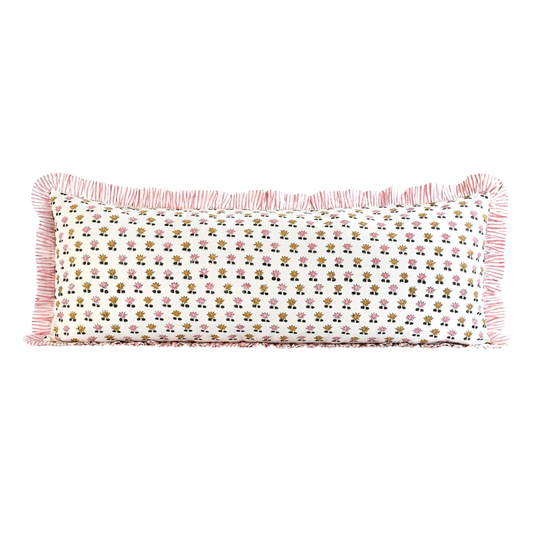 Delilah Ruffle Block Print Printed Pillow in Pink - 14"x 36"