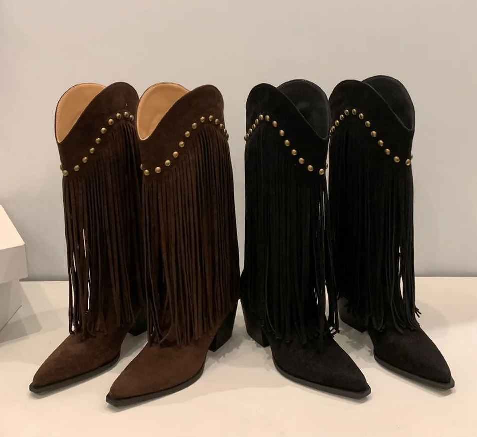 Riveted Fringe Mid-Calf Boots