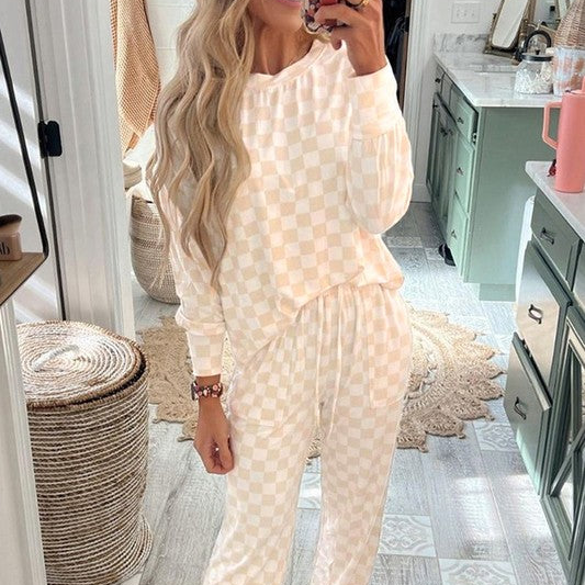 Checkered Print Long Sleeve Top Pants Lounge Set