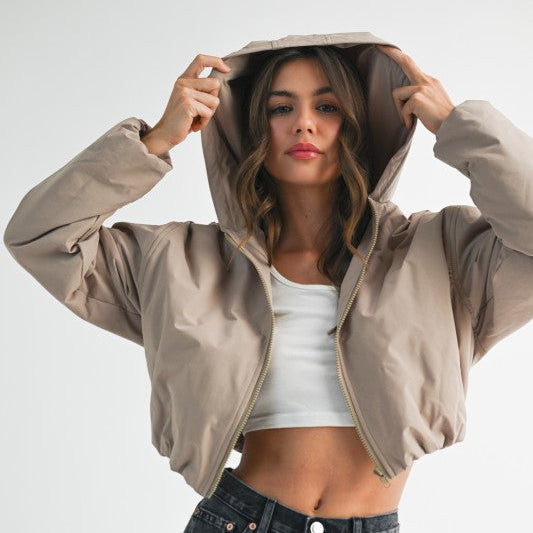 Cropped Hooded Zip-Up Puffer Jacket