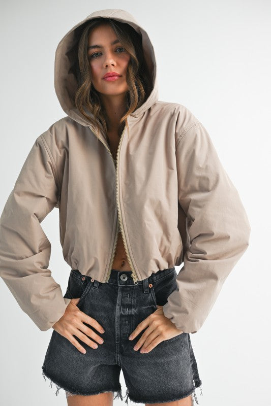 Cropped Hooded Zip-Up Puffer Jacket
