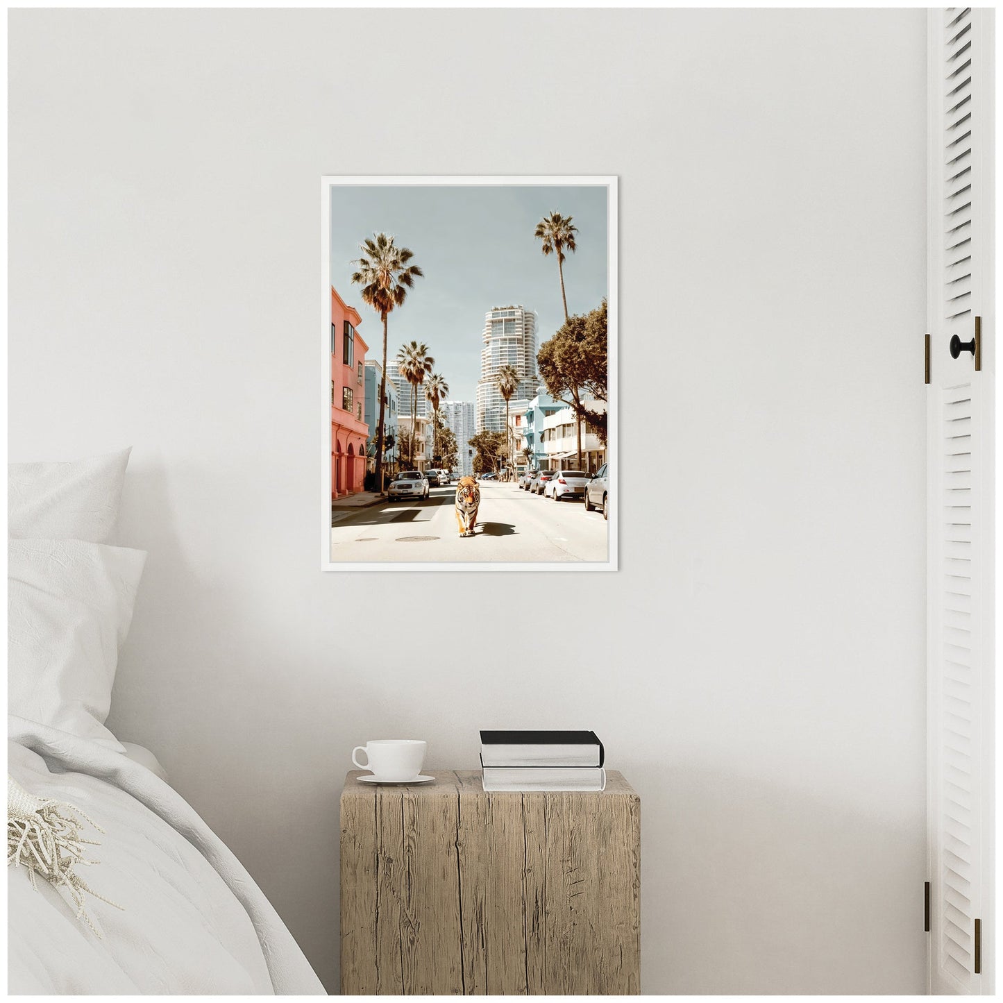 California Tiger Roaming through Palm Springs Framed Canvas by Michael Schauer