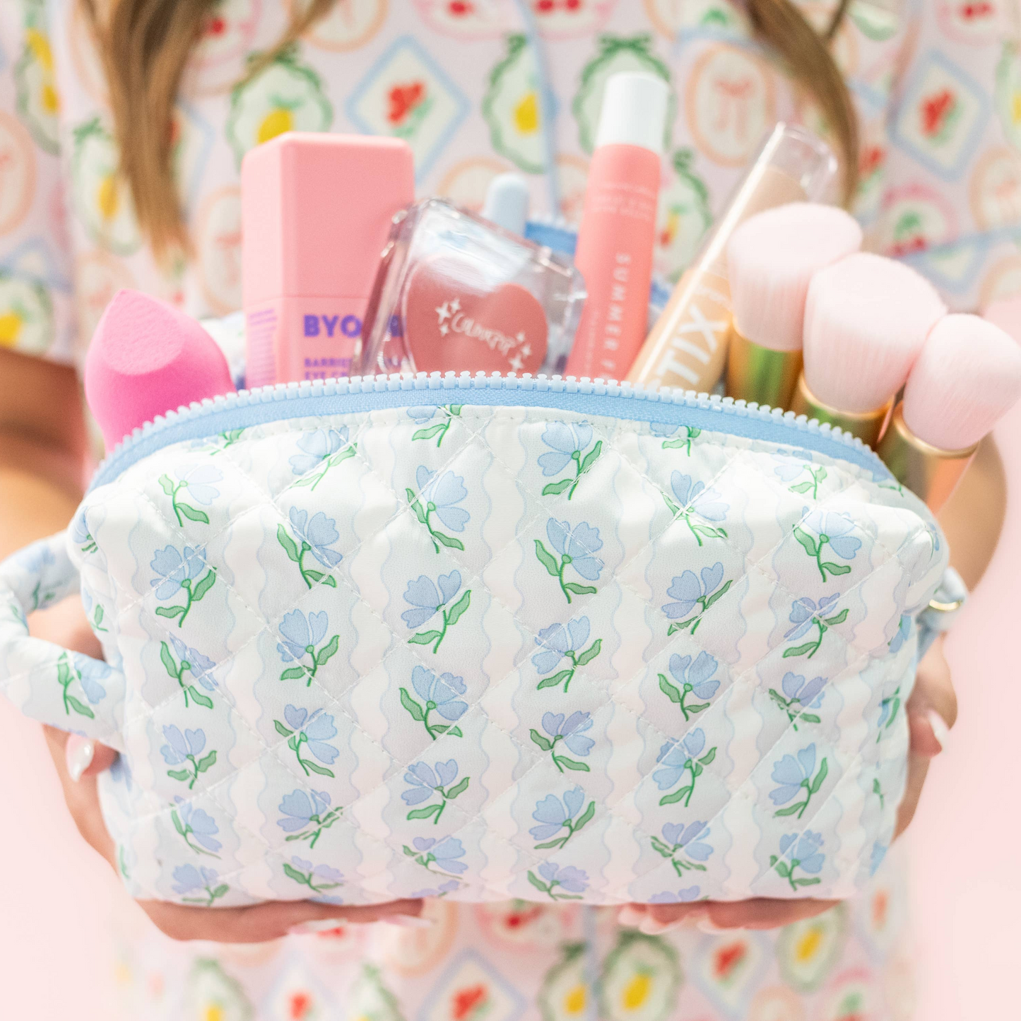 Quilted Cosmetic Pouch in Blue Belle Floral