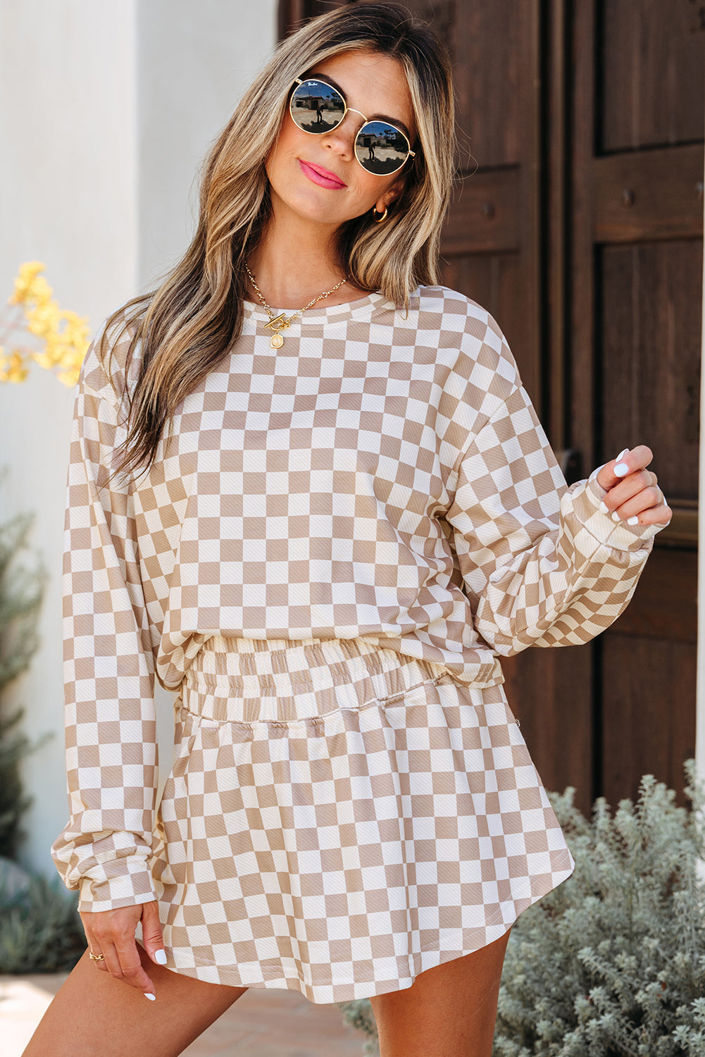 Checkered Long Sleeve High Waist Skort Set