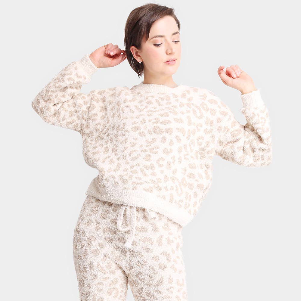 Leopard Patterned Soft Loungewear Sweater Top: Beige / L/XL