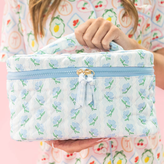 Quilted Cosmetic Bag with Top Handle - Blue Belle Floral