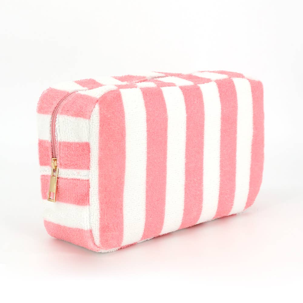Striped Terry Cloth Cosmetic Pouch Bag in Pink