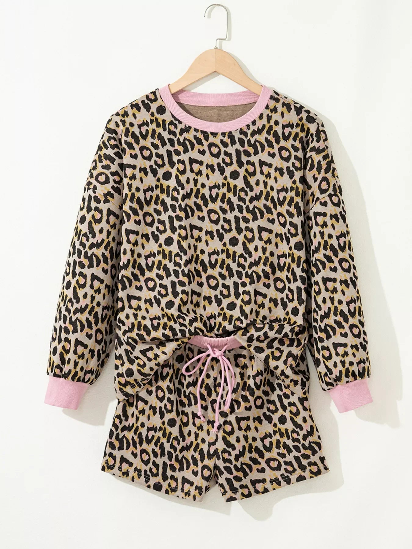 Leopard Print Long Sleeve Shorts Set