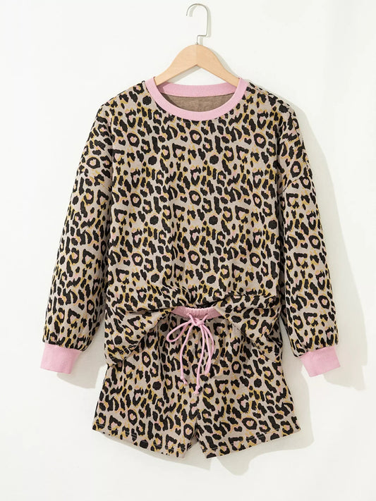 Leopard Print Long Sleeve Shorts Set