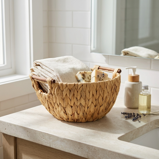 Laelia Woven Water Hyacinth Basket with Side Wood Handles