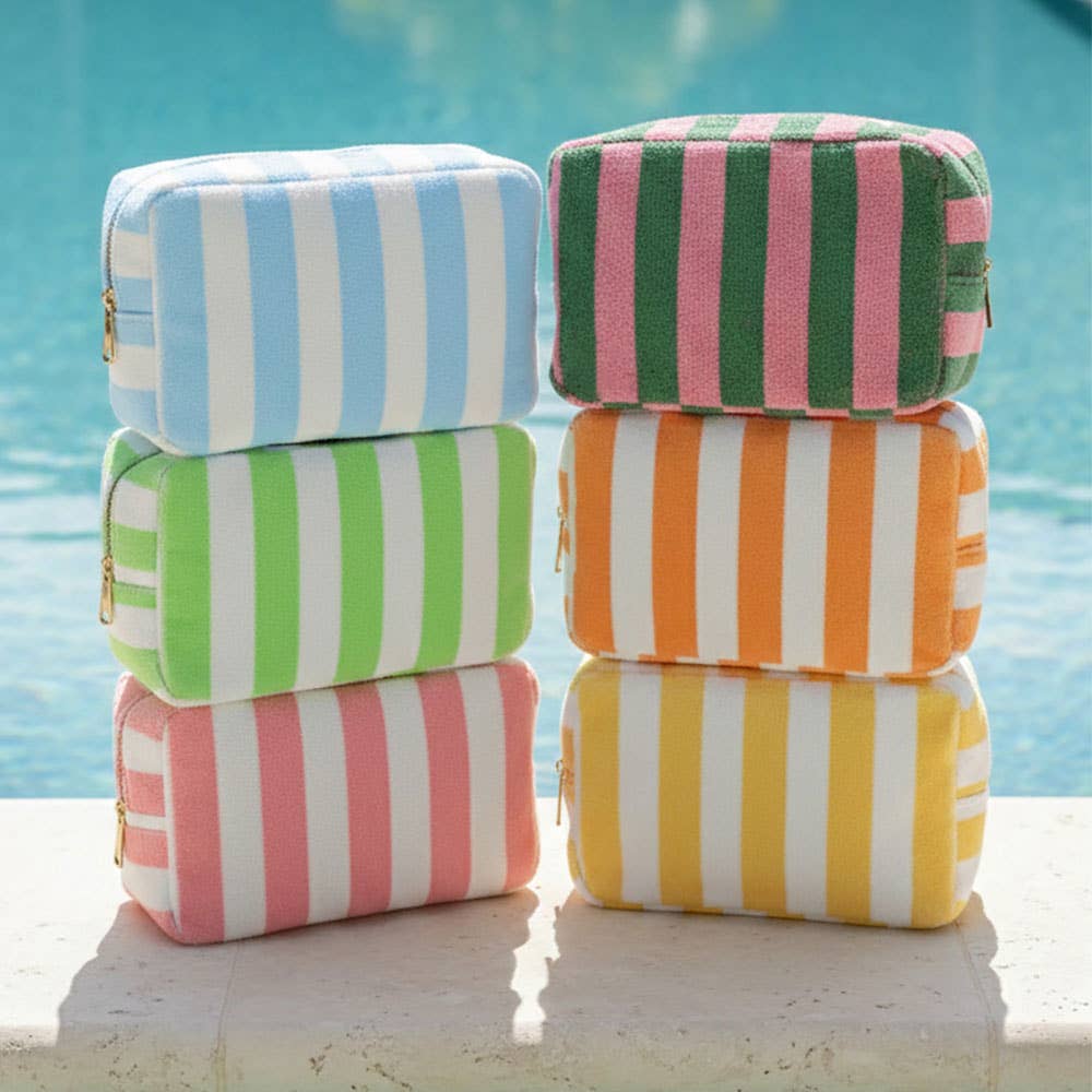Striped Terry Cloth Cosmetic Pouch Bag in Pink