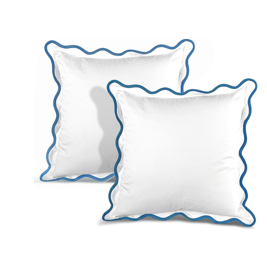 White Scalloped Sham Pillow with Blue Piping- 24" x 24"