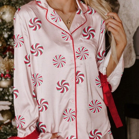 Christmas Candy Bow Sleeve Pajama Set
