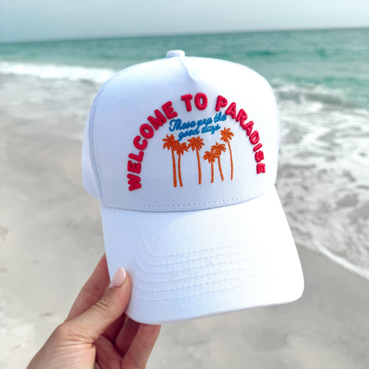 Welcome to Paradise - White Vintage Trucker Hat