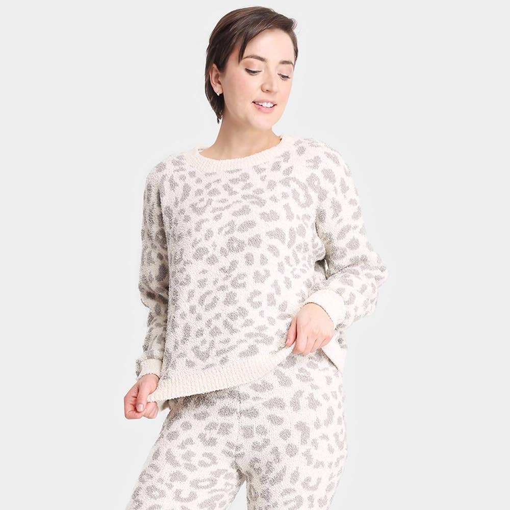 Leopard Patterned Soft Loungewear Sweater Top: Beige / L/XL