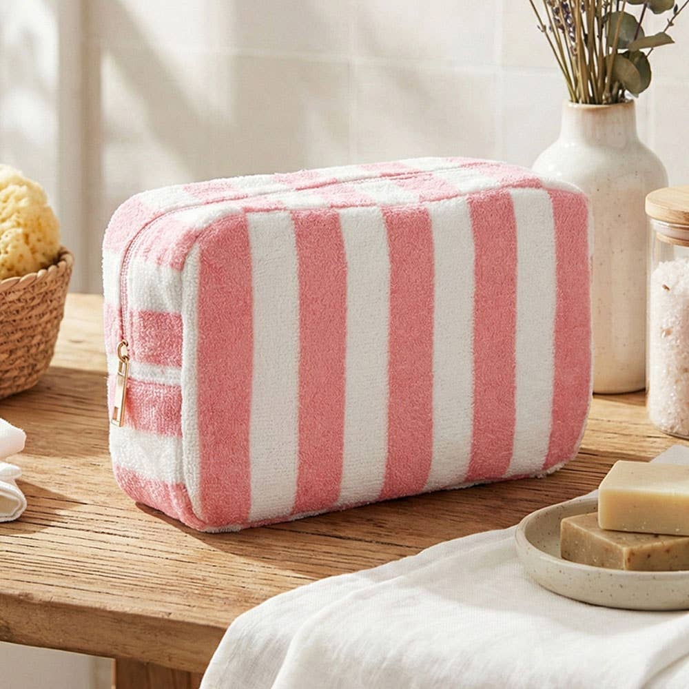 Striped Terry Cloth Cosmetic Pouch Bag in Pink