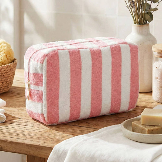 Striped Terry Cloth Cosmetic Pouch Bag in Pink