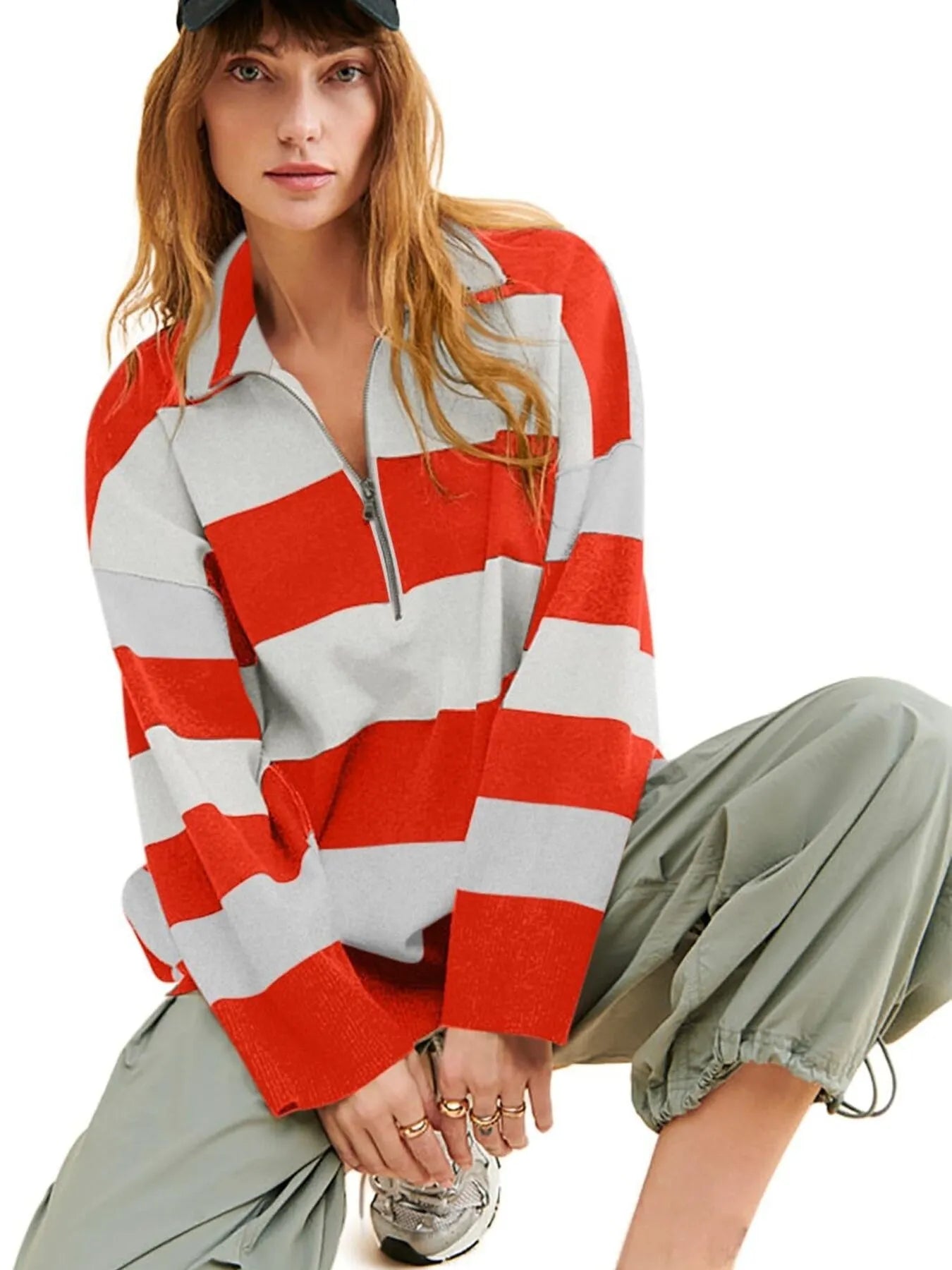 Striped Half-Zip Oversized Rugby Sweatshirt