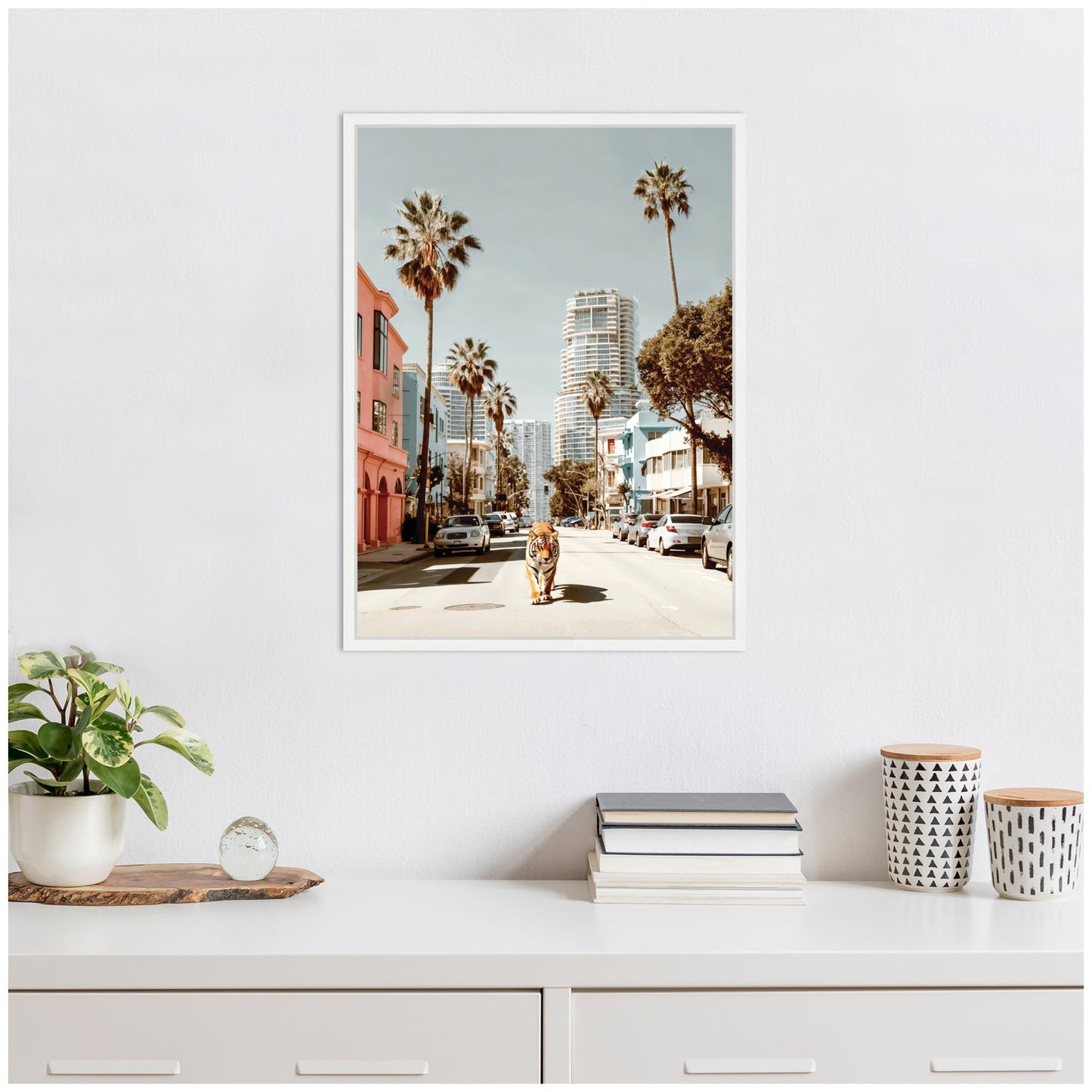 California Tiger Roaming through Palm Springs Framed Canvas by Michael Schauer