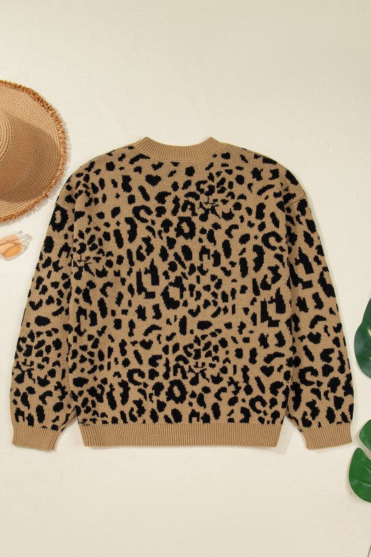 Leopard Crewneck Drop Shoulder Sweater