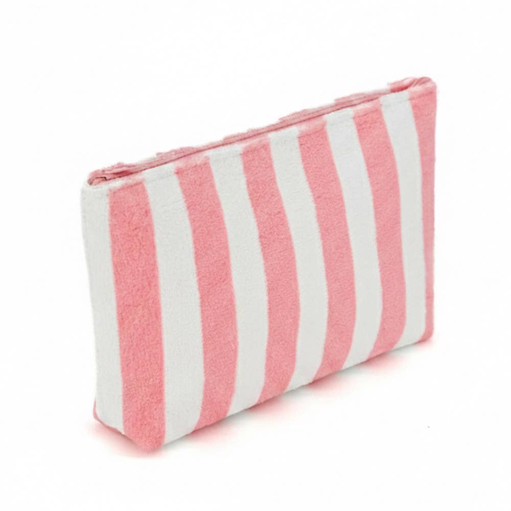 Striped Terry Cloth Cosmetic Pouch Bag in Pink
