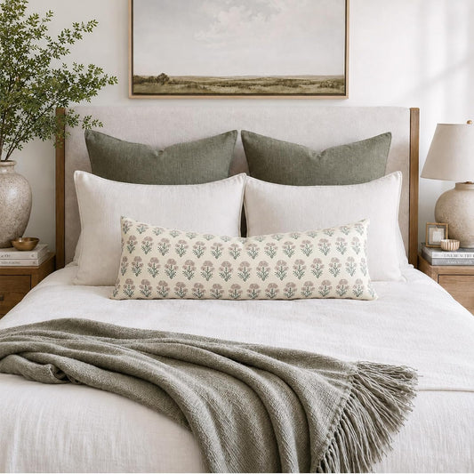 Delilah Block Print Pillow in Pink & Green - 14"x 36"