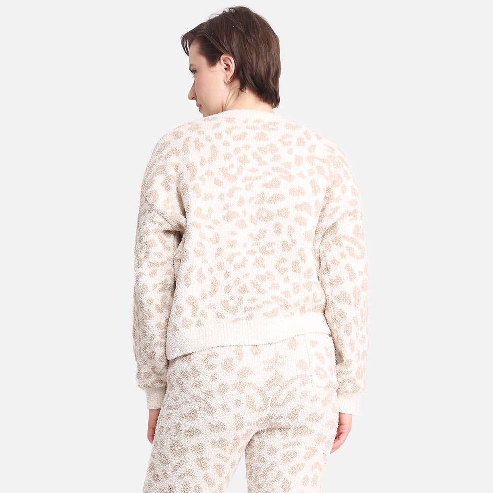 Leopard Patterned Soft Loungewear Sweater Top: Beige / L/XL
